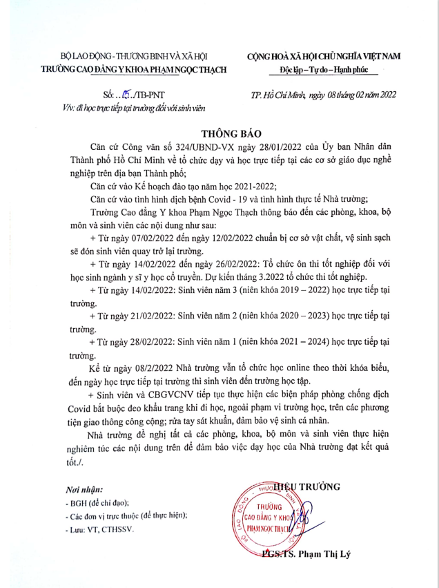 Th&ocirc;ng b&aacute;o về lịch học trực tiếp tại trường Cao đẳng Y Khoa Phạm Ngọc Thạch