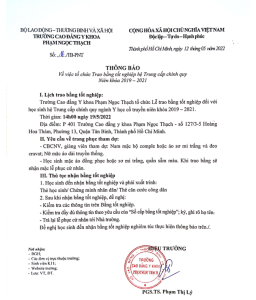 Trường Cao đẳng Y Khoa Phạm Ngọc Thạch tổ chức trao bằng tốt nghiệp sinh viên niên khóa 2019 – 2021