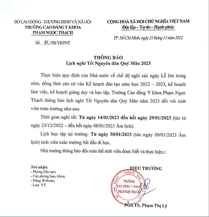 Th&ocirc;ng B&aacute;o Lịch Nghỉ Tết Nguy&ecirc;n Đ&aacute;n 2023 Cho Sinh Vi&ecirc;n