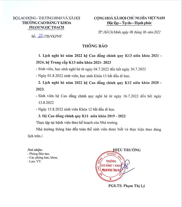 Th&ocirc;ng b&aacute;o nghỉ h&egrave; trường Cao đẳng Y Khoa Phạm Ngọc Thạch năm 2022