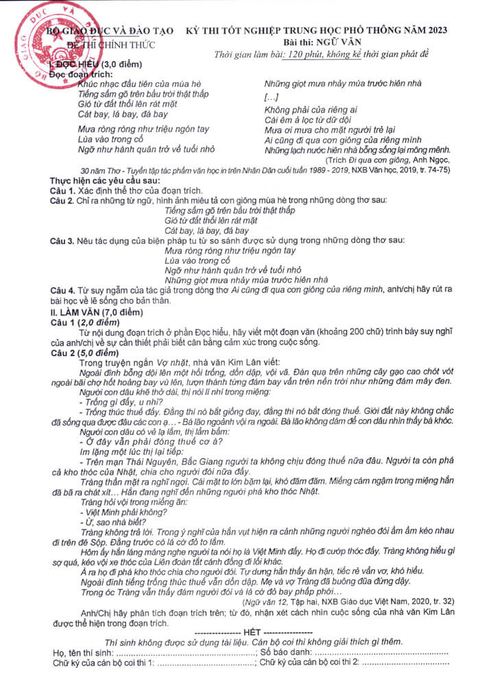 Đề thi môn Văn THPT Quốc gia năm 2023
