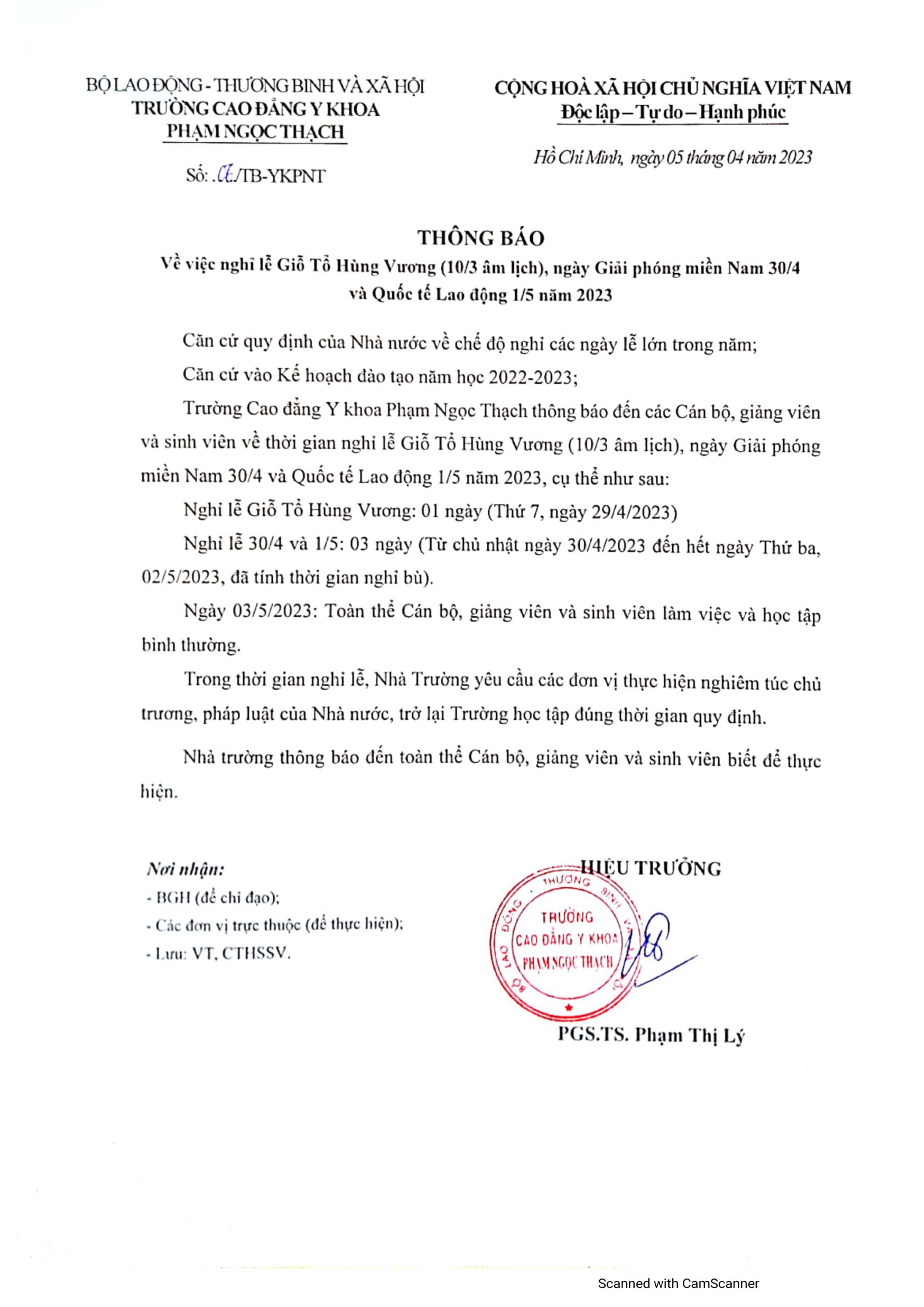 Trường Cao đẳng Y khoa Phạm Ngọc Thạch thông báo Lịch nghỉ Lễ