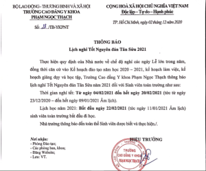 Lịch nghỉ tết Nguyên Đán của trường Cao đẳng Y Khoa Phạm Ngọc Thạch năm 2020 – 2021