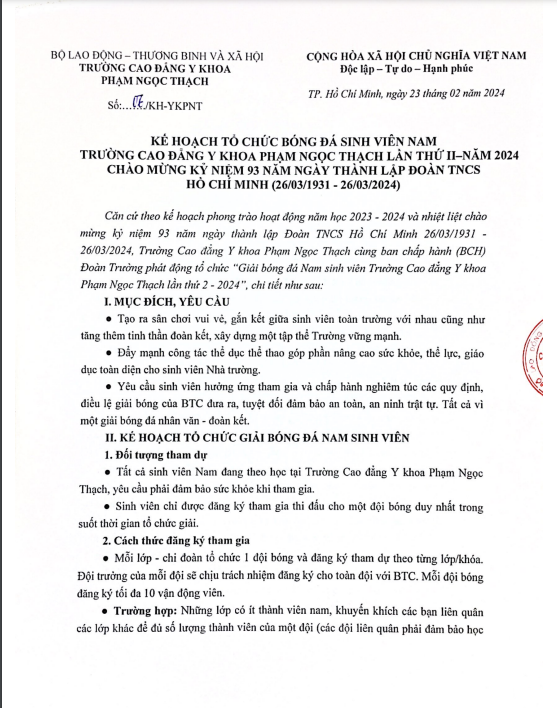 Kế hoạch tổ chức giải b&oacute;ng đ&aacute; nam 2024