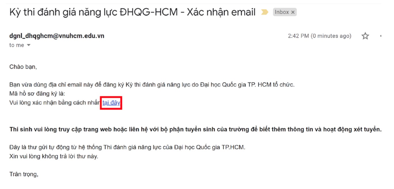 Xác nhận Mail đăng ký thi đánh giá năng lực