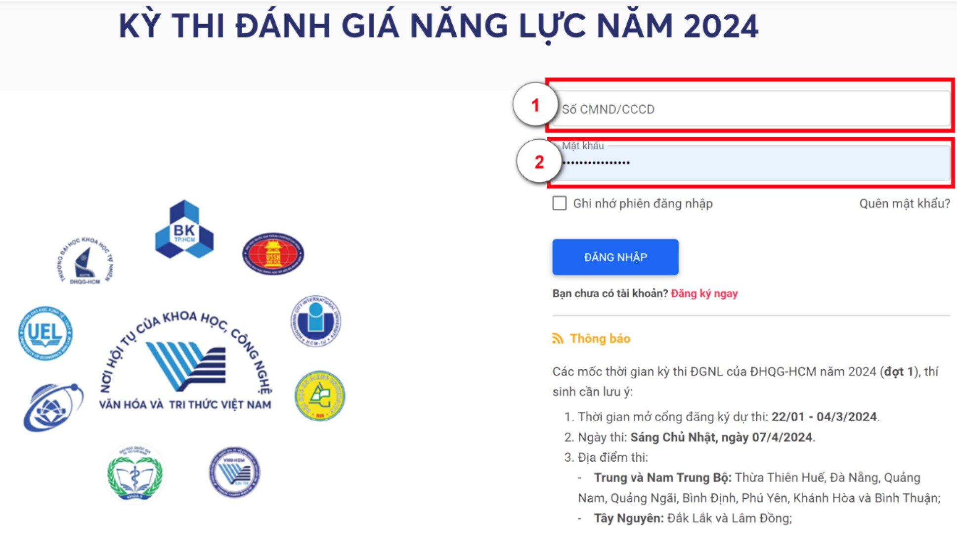 Đăng nhập tài khoản vừa đăng ký để đăng ký thi đánh giá năng lực