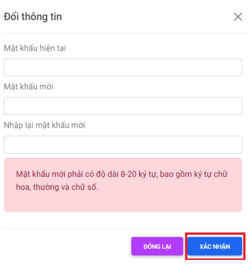 Xác nhận thay đổi mật khẩu mới