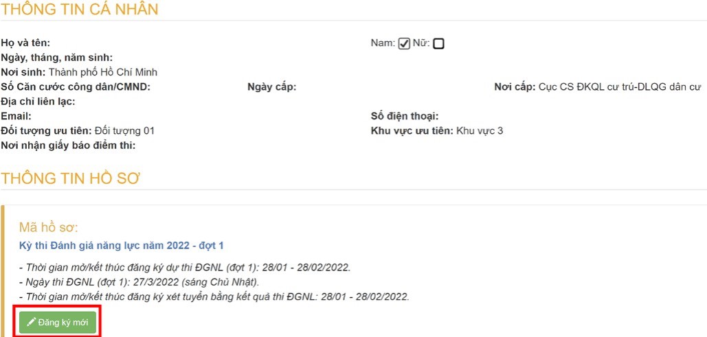 Đăng ký dự thi đánh giá năng lực sau khi hoàn thành thông tin