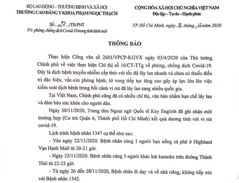 Thông báo về việc Phòng, Chống dịch Covid 19 của Trường Cao đẳng Y Khoa Phạm Ngọc Thạch 2020