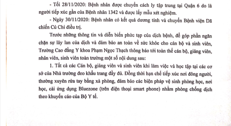 Thông báo về việc Phòng, Chống dịch Covid 19 của Trường Cao đẳng Y Khoa Phạm Ngọc Thạch năm 2020