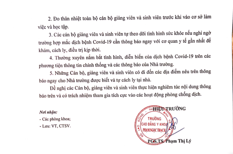 Thông báo Phòng, Chống dịch Covid 19 của Cao đẳng Y Khoa Phạm Ngọc Thạch 2020