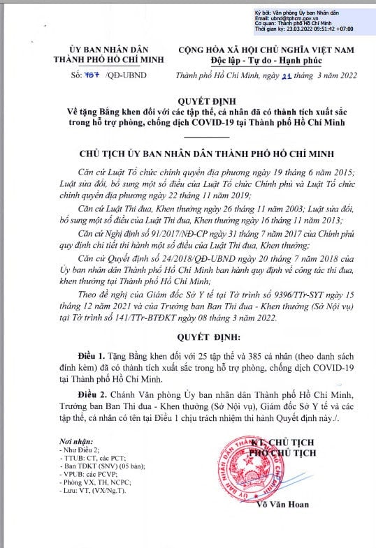 Quyết định trao bằng khen với những cá nhân tham gia hỗ trợ phòng, chống dịch Covid 19