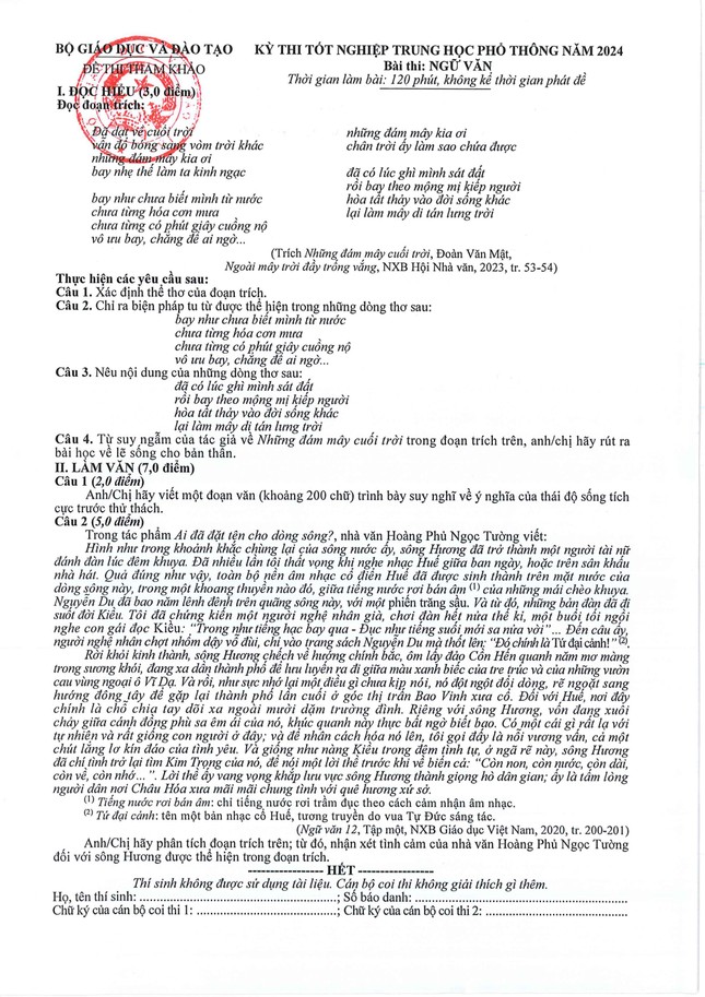 Đề minh hoạ m&ocirc;n văn THPT quốc gia 2024