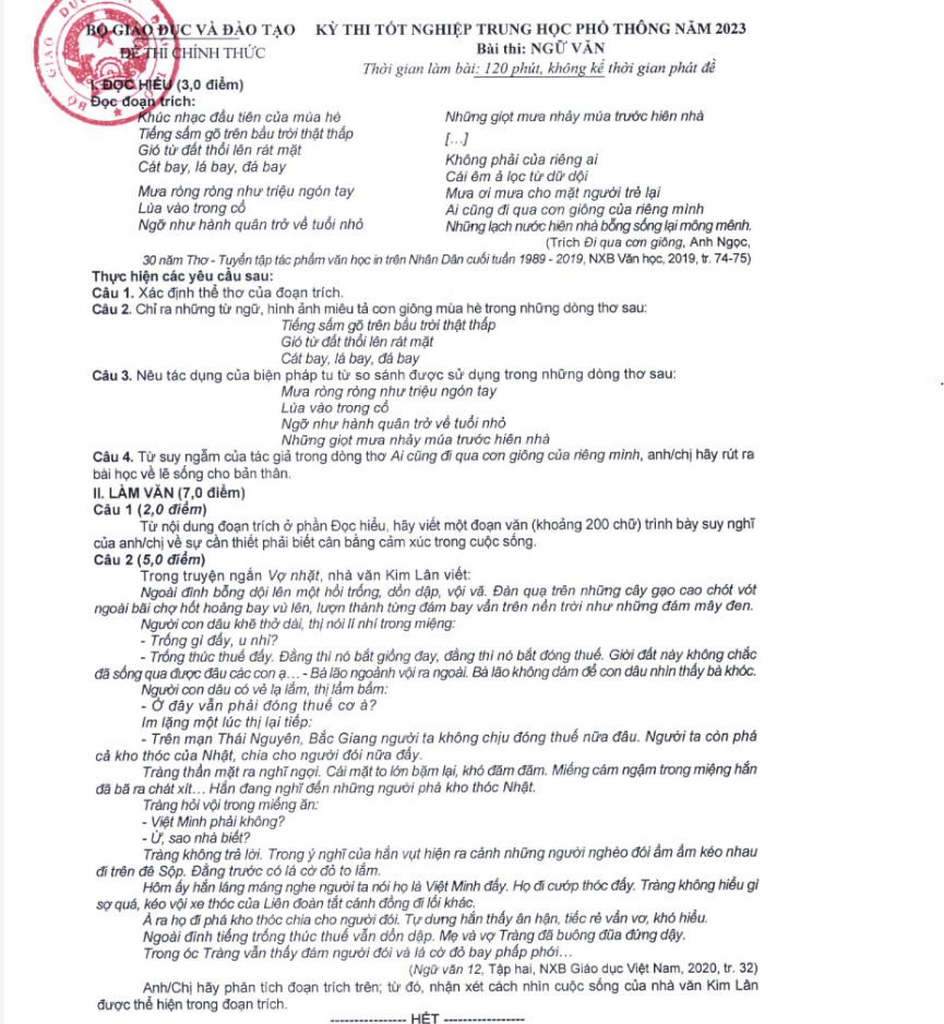 Đề thi tốt nghiệp THPT m&ocirc;n Văn ch&iacute;nh thức năm 2023