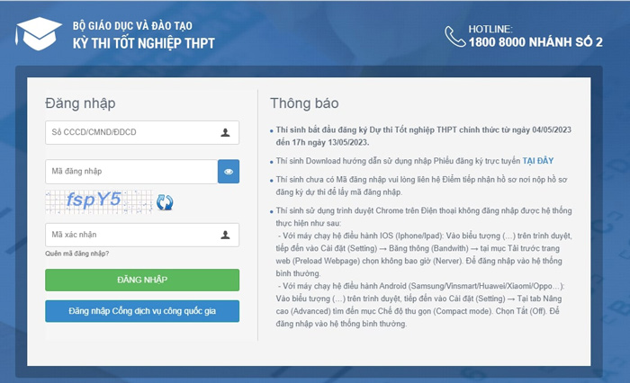 Đăng nhập để đăng ký thi tốt nghiệp THPT