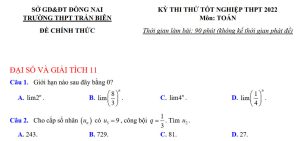 Đề thi thử tốt nghiệp THPT 2022 môn Toán Trường Trấn Biên Đồng Nai