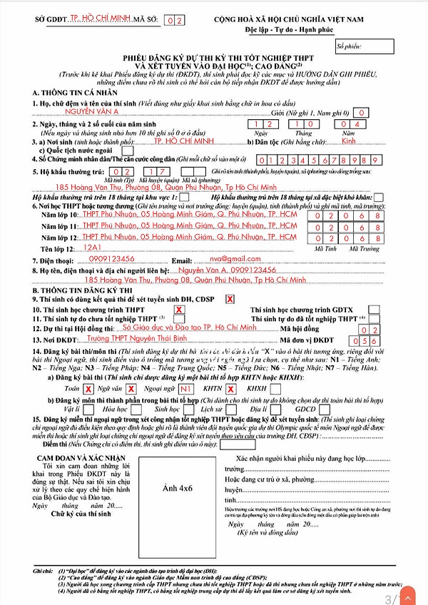 Mẫu đăng ký tham dự kỳ thi tốt nghiệp THPT năm 2022