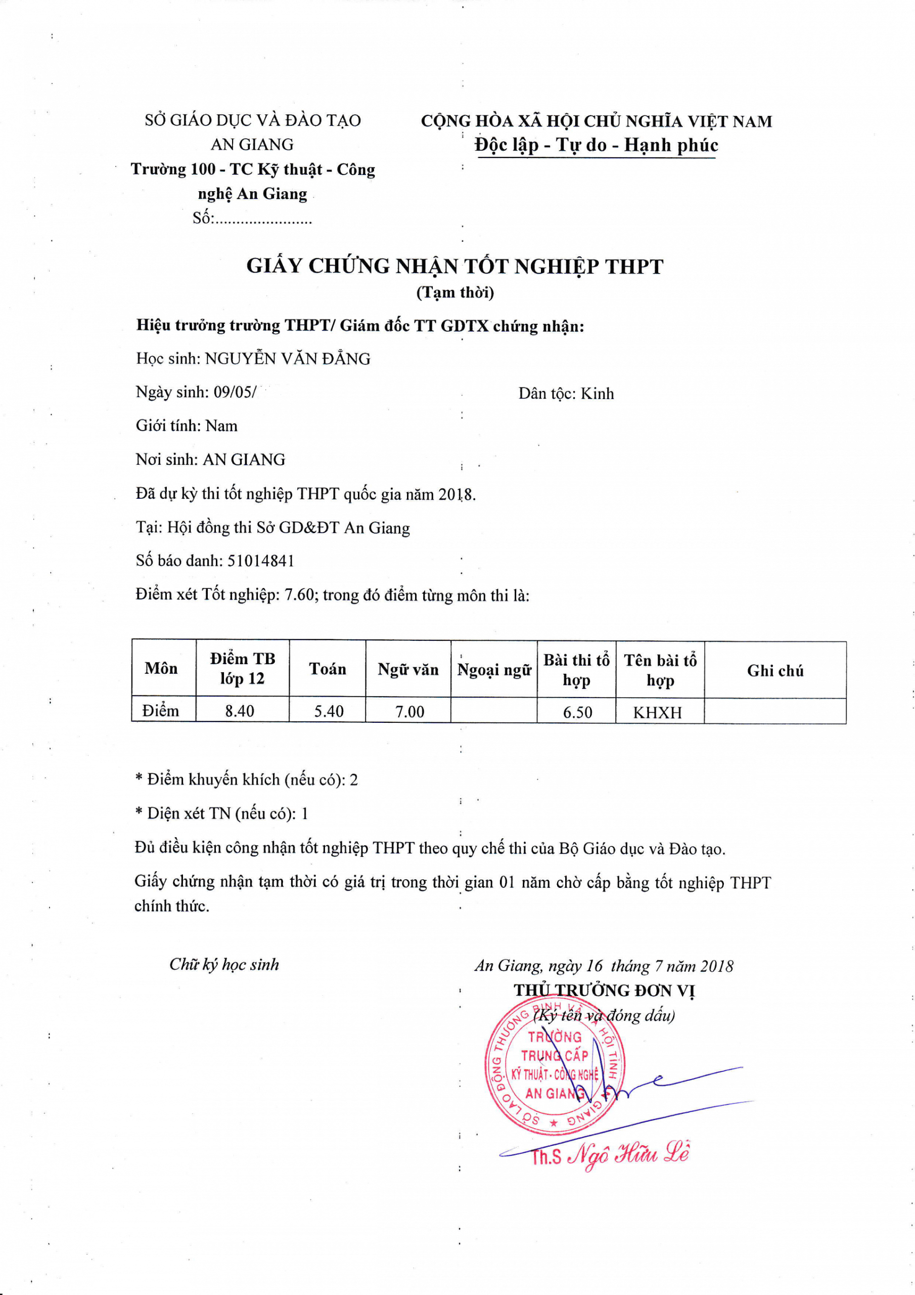 Mẫu giấy tốt nghiệp tạm thời THPT