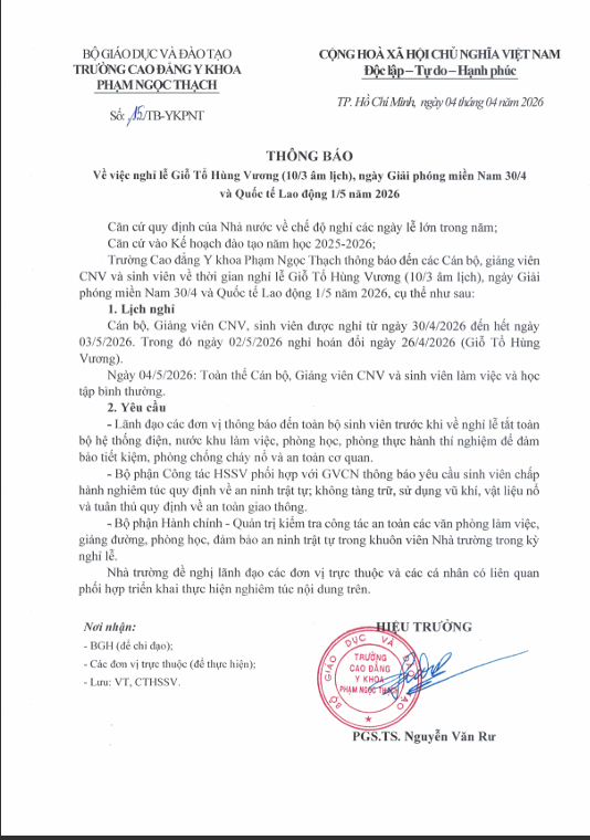 Thông báo lịch nghỉ lễ Giỗ Tổ Hùng Vương và ngày 30/4 – 1/5 năm 2026